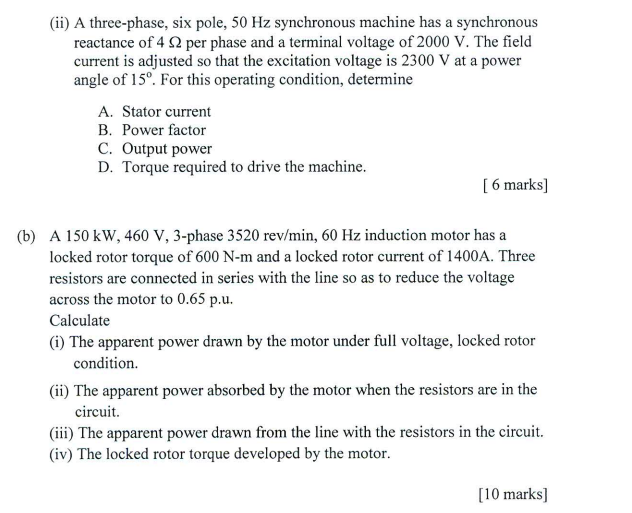 Solved (ii) A three-phase, six pole, 50 Hz synchronous | Chegg.com