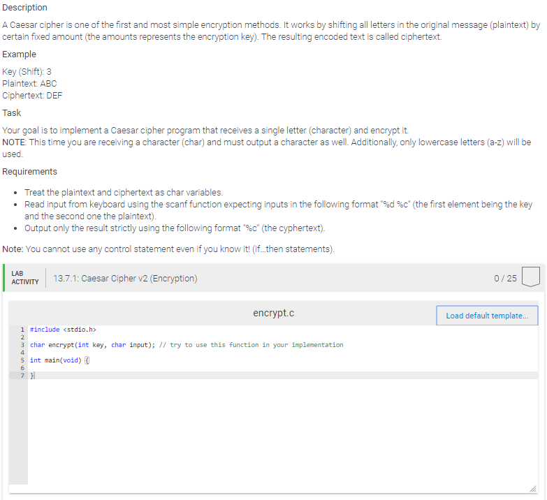 Solved Description A Caesar cipher is one of the first and | Chegg.com