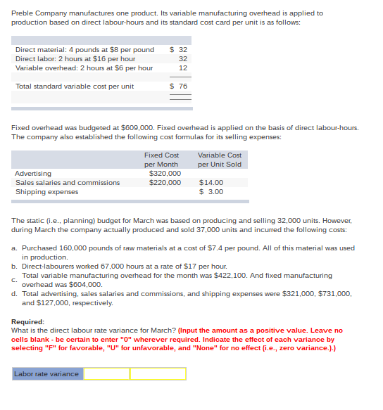 Solved Preble Company manufactures one product. Its variable | Chegg.com