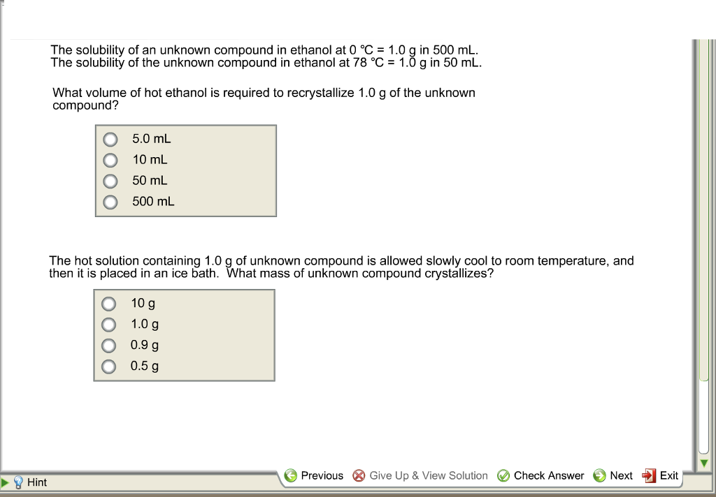 Solved The solubility of an unknown compound in ethanol at 0