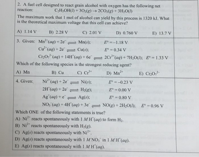 Solved A fuel cell designed to react grain alcohol with