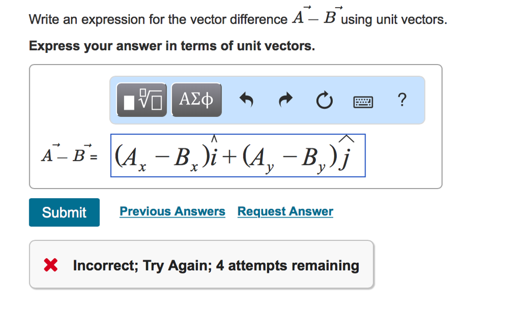 Solved Write an expression for the vector difference A - B | Chegg.com