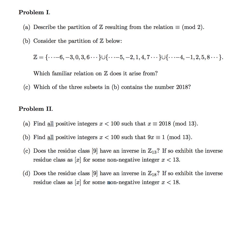 Solved Problem I. (a) Describe the partition of Z resulting | Chegg.com