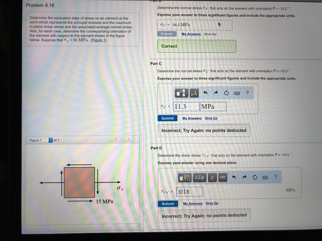 Solved Problem 9.16 Determine the normal stress that acts on | Chegg.com