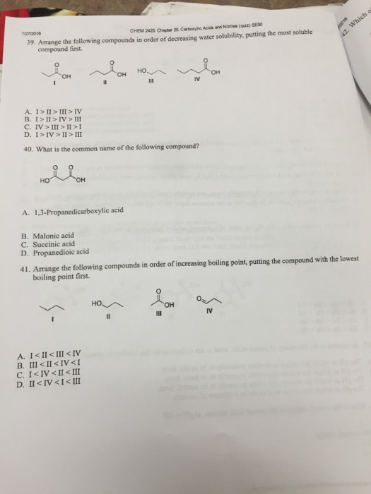 Solved Arrange the following compounds in order of | Chegg.com