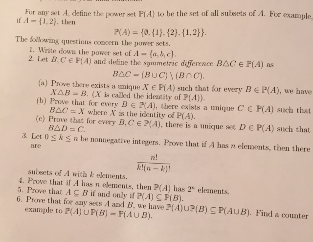 Solved For any set A, define the power set P(A) to be the | Chegg.com