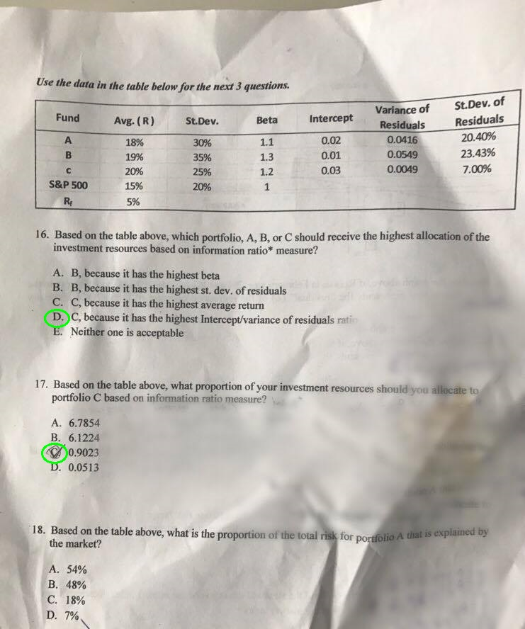 Based On The Table Above, Which Portfolio, A, B, Or C | Chegg.com