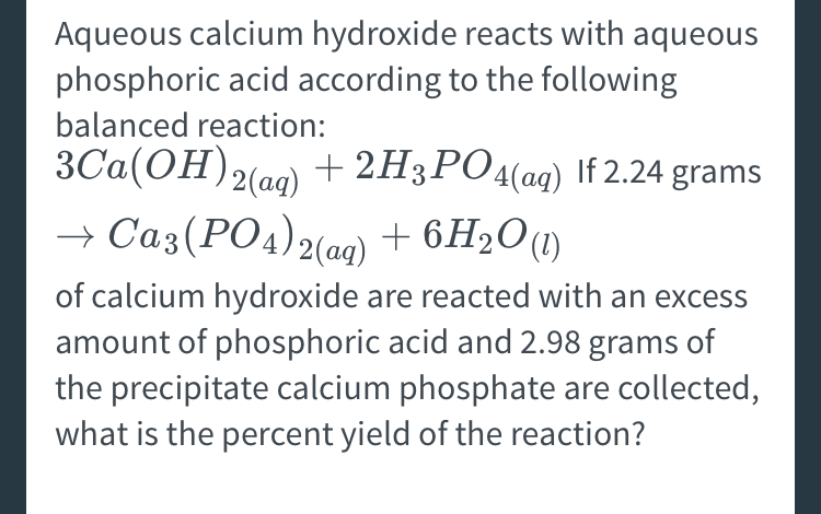 Solved Aqueous calcium hydroxide reacts with aqueous | Chegg.com