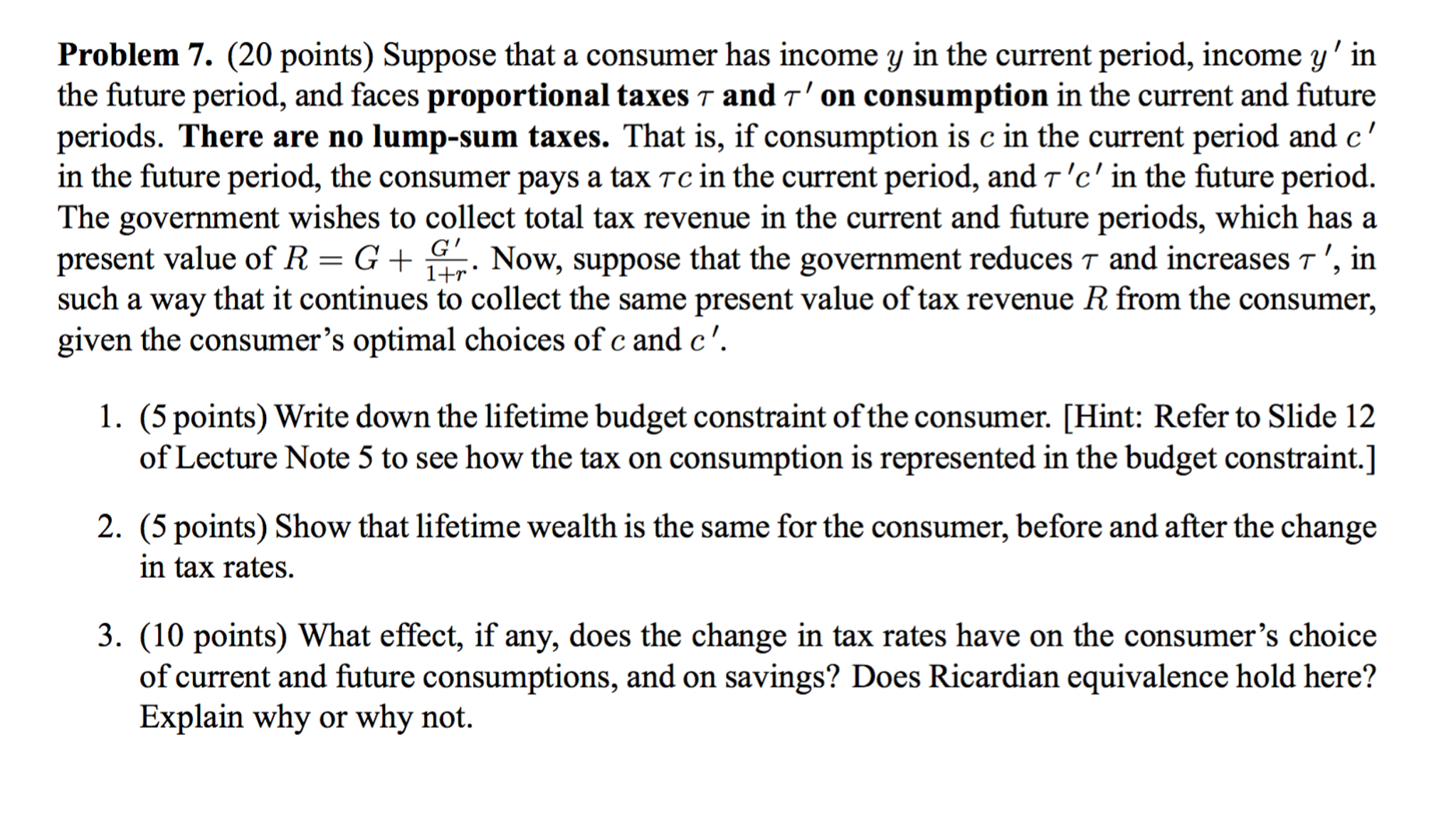 Solved Suppose that a consumer has income y in the current | Chegg.com