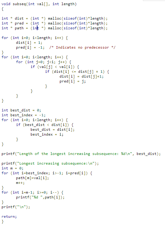Solved Function subseq(val[ ], n) will return the length of | Chegg.com