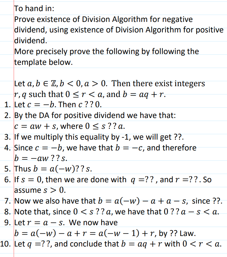 Solved To hand in: Prove existence of Division Algorithm for | Chegg.com