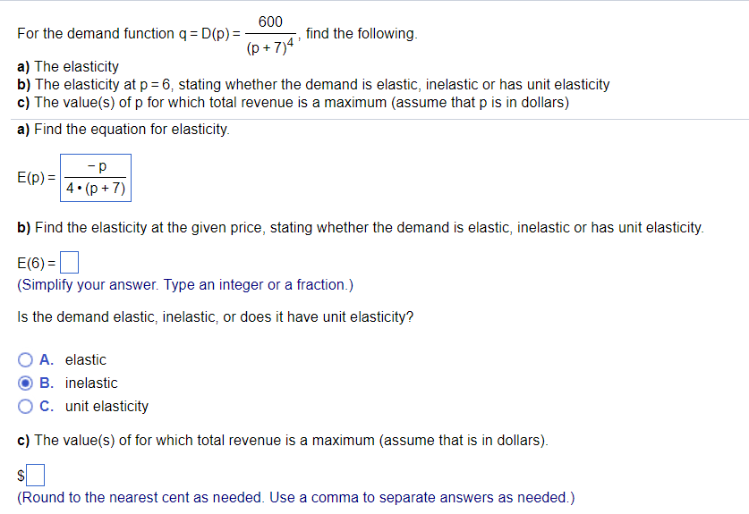 Solved 600 --, find the following For the demand function q= | Chegg.com