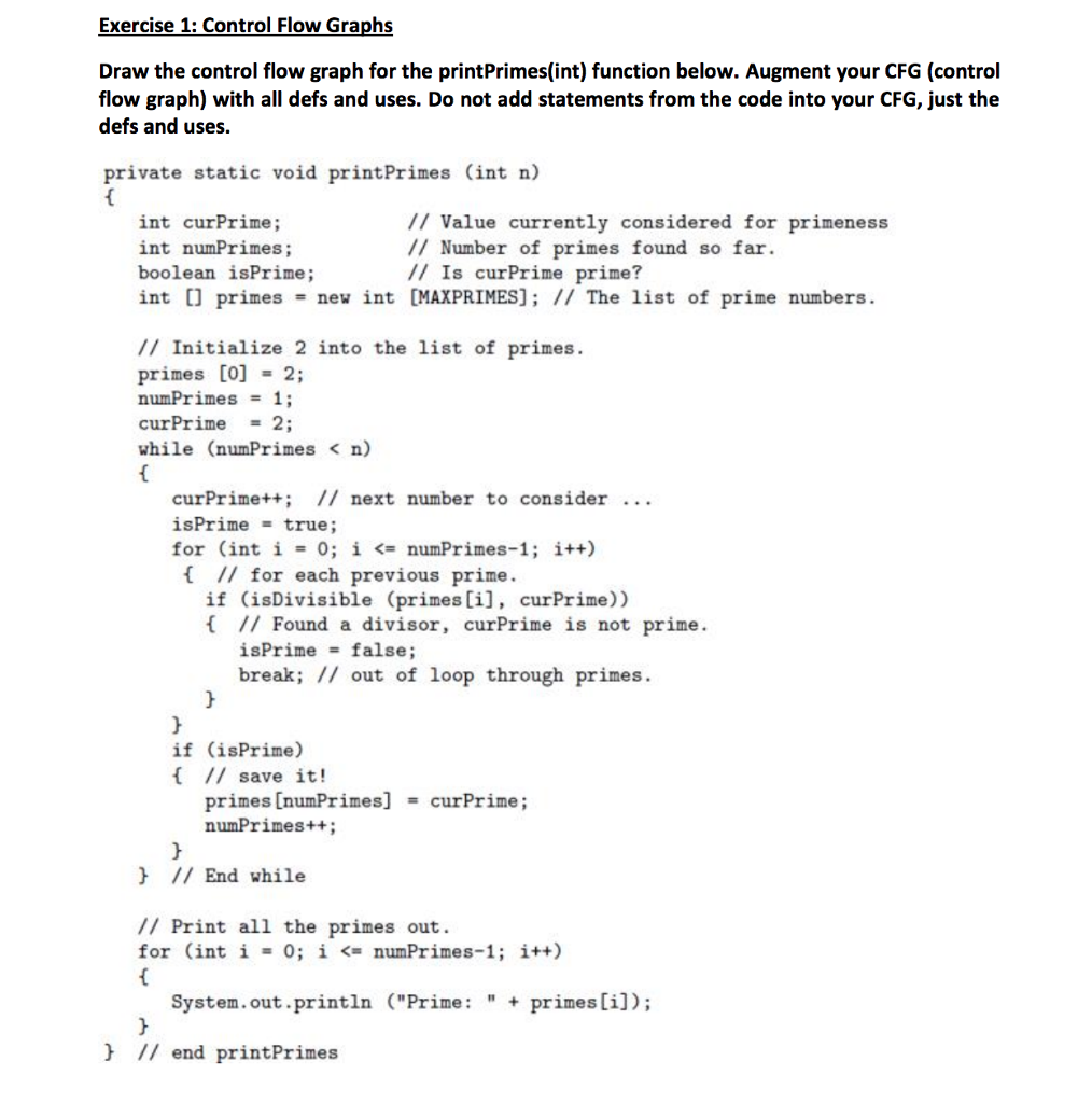 Solved Draw the control flow graph for the printPrimes(int) | Chegg.com