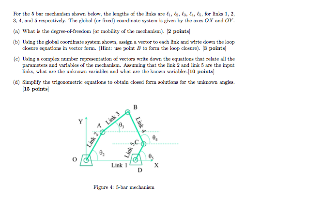 Solved For the 5 bar mechanism shown below, the lengths of | Chegg.com