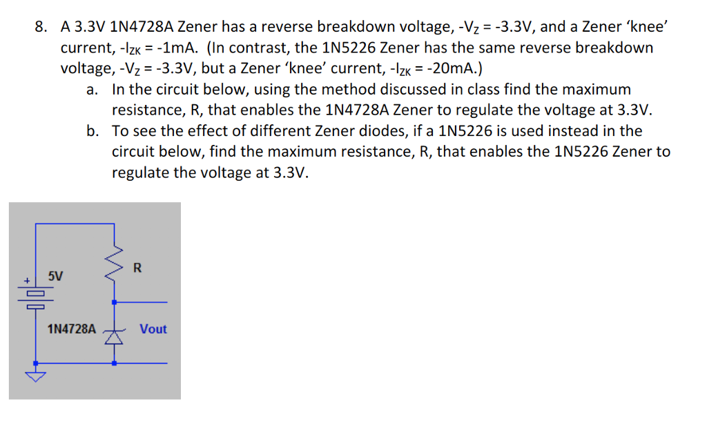 Solved 8. A 3.3V 1N4728A Zener has a reverse breakdown