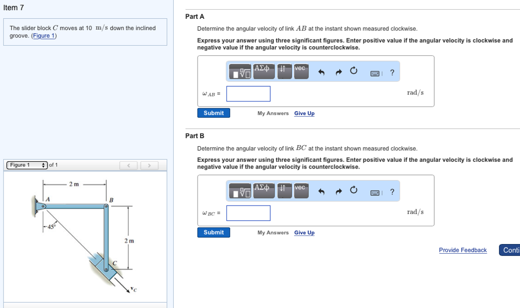 Solved The slider block C moves at 10 m/s down the inclined