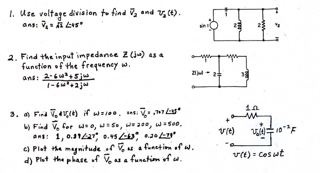 Solved I. use voltage division to find V and v^, (t> sin 2 2 | Chegg.com