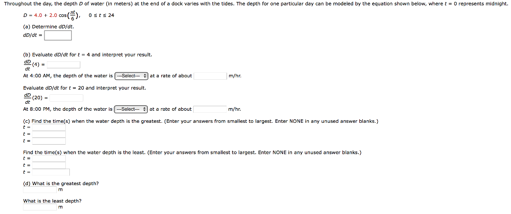 Solved Throughout the day, the depth D of water (in meters) | Chegg.com