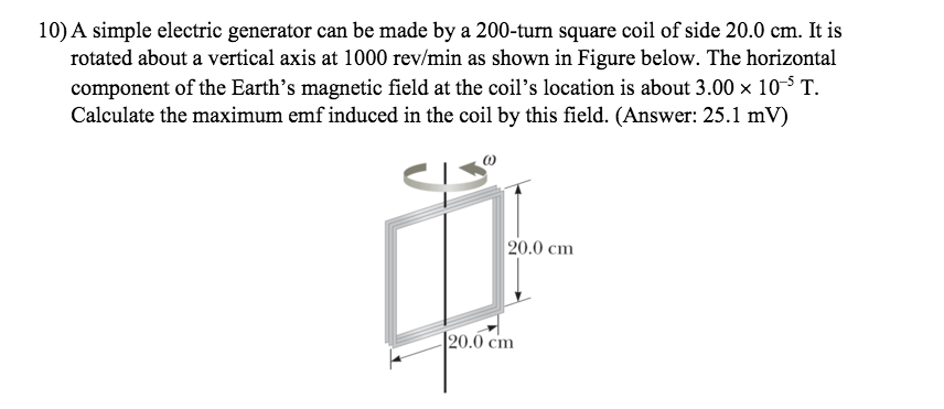 Solved A simple electric generator can be made by a 200-tum | Chegg.com