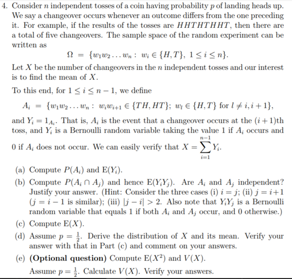 4. Consider n independent tosses of a coin having | Chegg.com