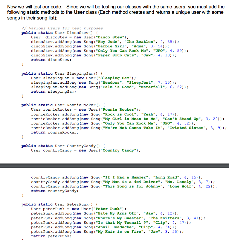 Solved (1) The Song/ User Classes Here are simple Song and | Chegg.com