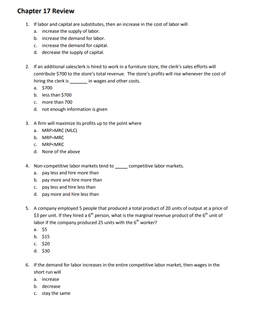 Solved Chapter 17 Review 1. If labor and capital are | Chegg.com