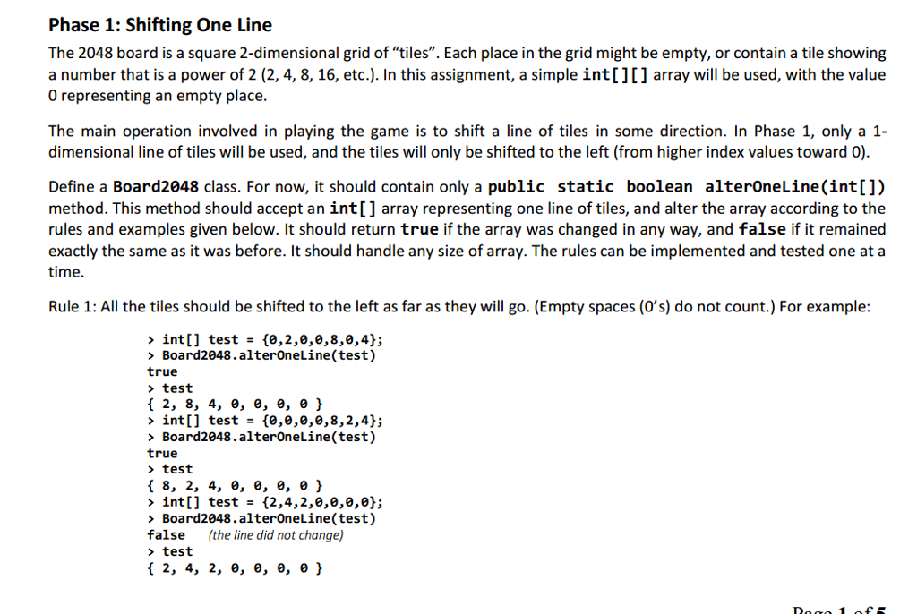 Phase 1: Shifting One Line The 2048 board is a square | Chegg.com