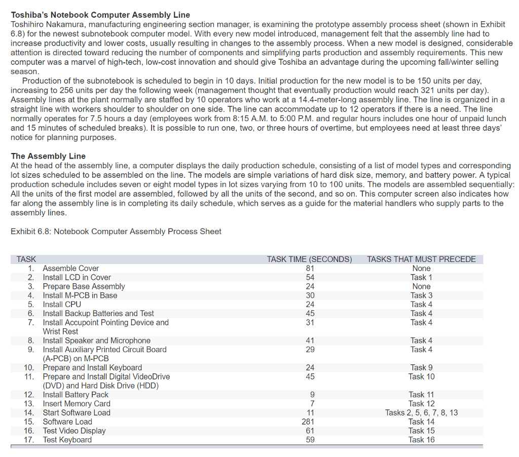 Solved Toshiba's Notebook Computer Assembly Line Toshihiro