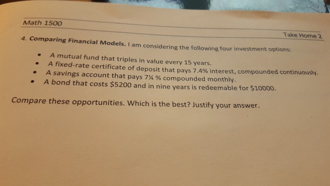 Math 1500 Take Home 2 4 Comparing Financial Models