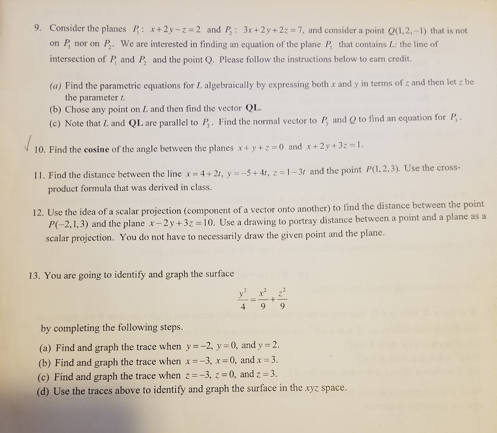 Solved 9. Consider the planes B: x +2y-z=2 and P, : on nor | Chegg.com