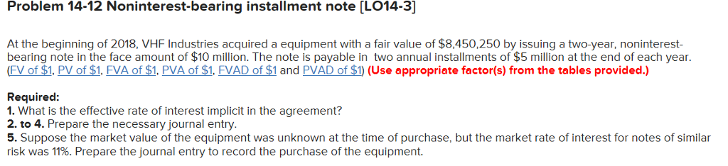 Solved Problem 14-12 Noninterest-bearing installment note | Chegg.com