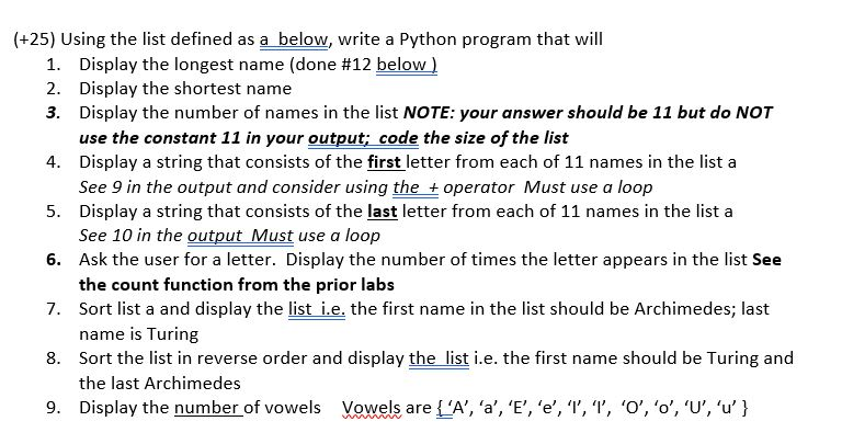 Solved (+25) Using the list defined as a below, write a | Chegg.com