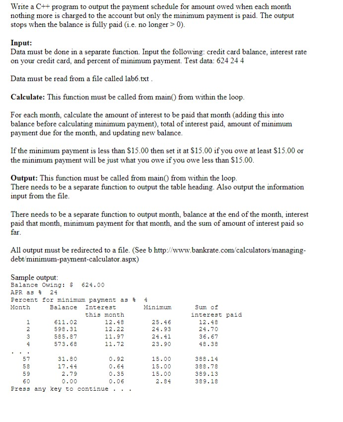 Solved Write a C++ program to output the payment schedule | Chegg.com