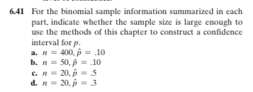 Solved 6.41 For the binomial sample information summarized | Chegg.com