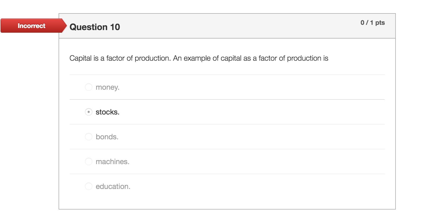 Solved 0/1 pts Incorrect Question 10 Capital is a factor of | Chegg.com 