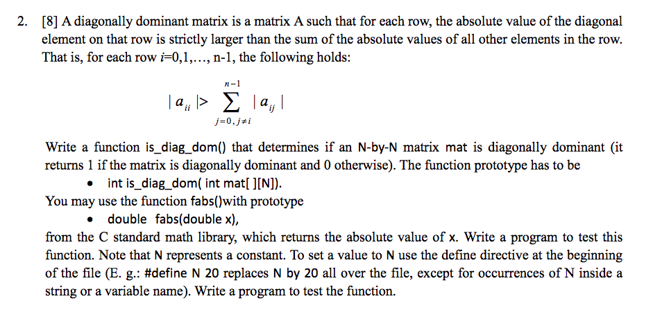 define the term diagonally dominant matrix