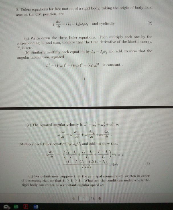 Solved 2. Eulers equations for free motion of a rigid body,