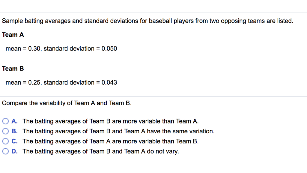 Solved Sample Batting Averages And Standard Deviations For | Chegg.com