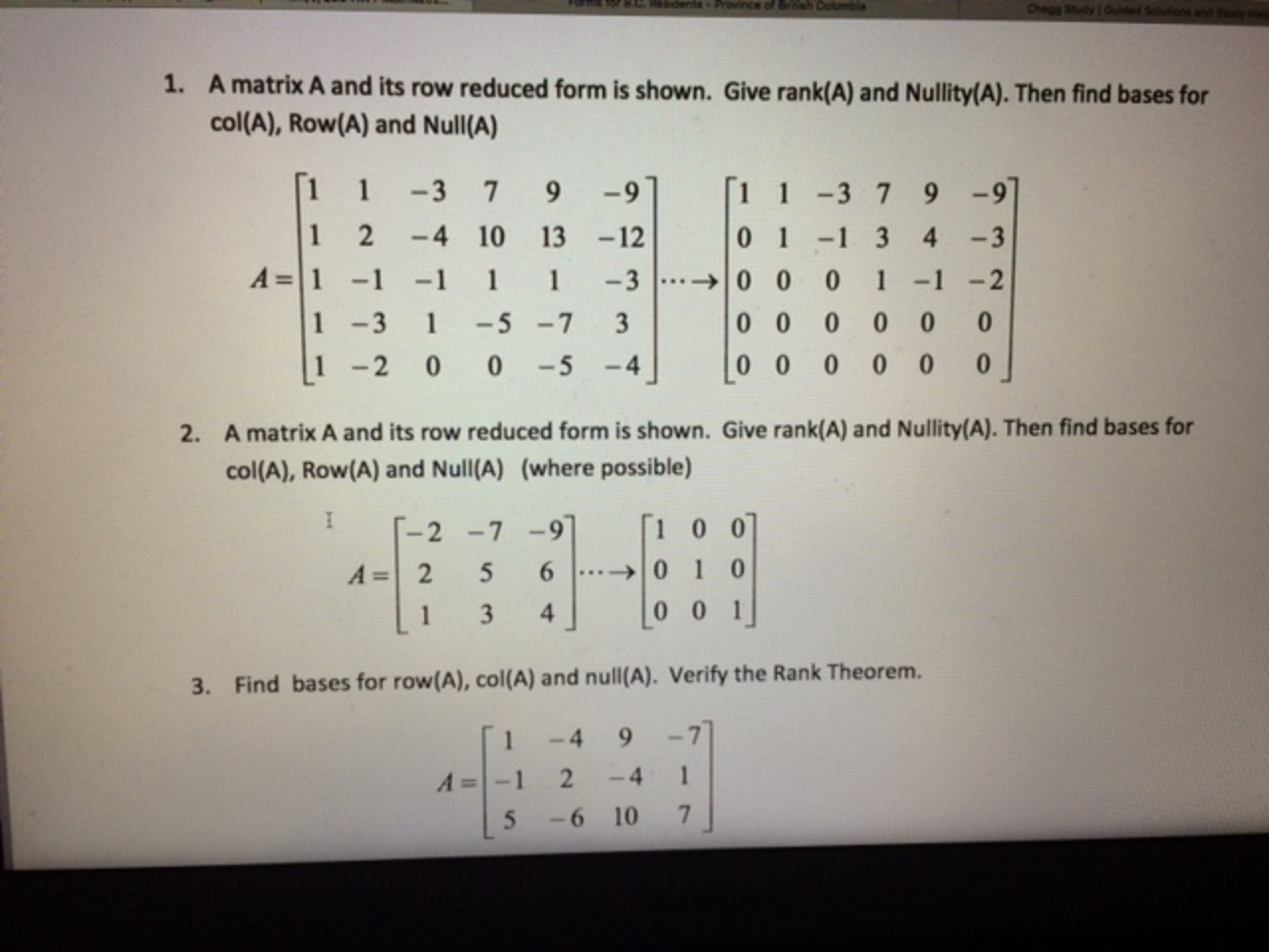 Solved A matrix A and its row reduced form is shown. Give | Chegg.com