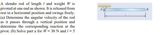 Solved A slender rod of length I and weight W is pivoted at | Chegg.com