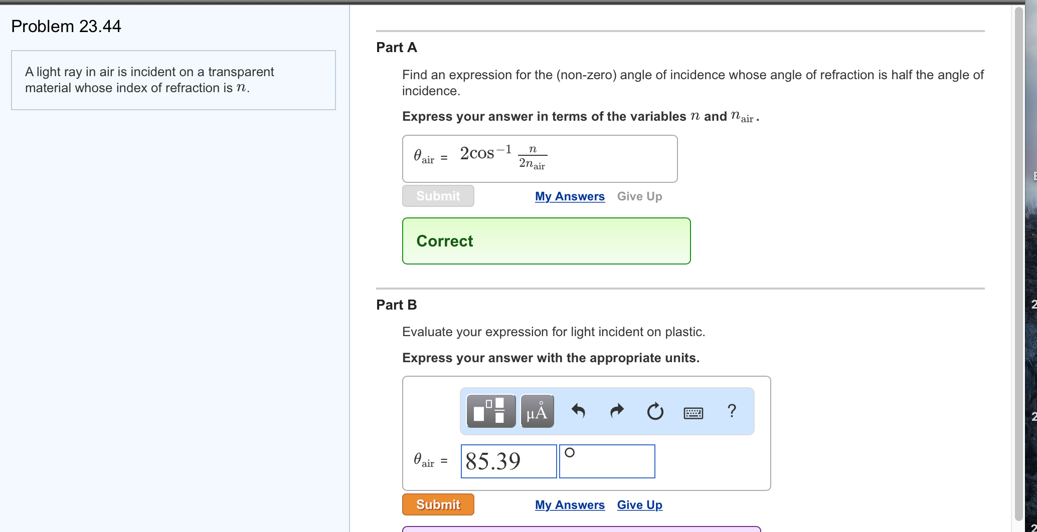 Solved A light ray in air is incident on a transparent | Chegg.com
