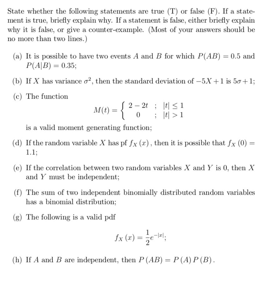 Solved State whether the following statements are true (T) | Chegg.com