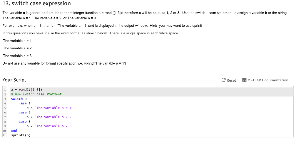 Solved Im Trying To Solve This Matlab Switch Statement | Chegg.com