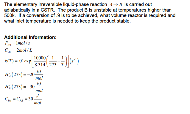 Solved The Elementary Irreversible Liquid-phase Reaction A-B | Chegg.com