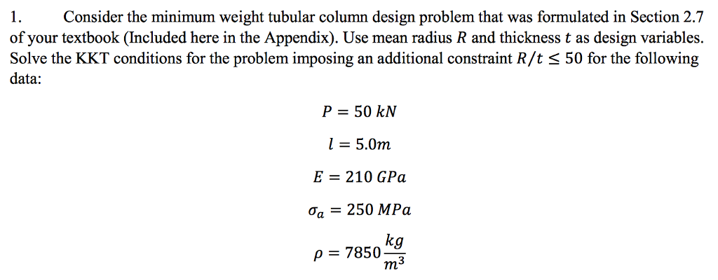 Consider the minimum weight tubular column design | Chegg.com