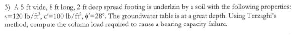 Solved A 5 ft wide, 8 ft long, 2 ft deep spread footing is | Chegg.com