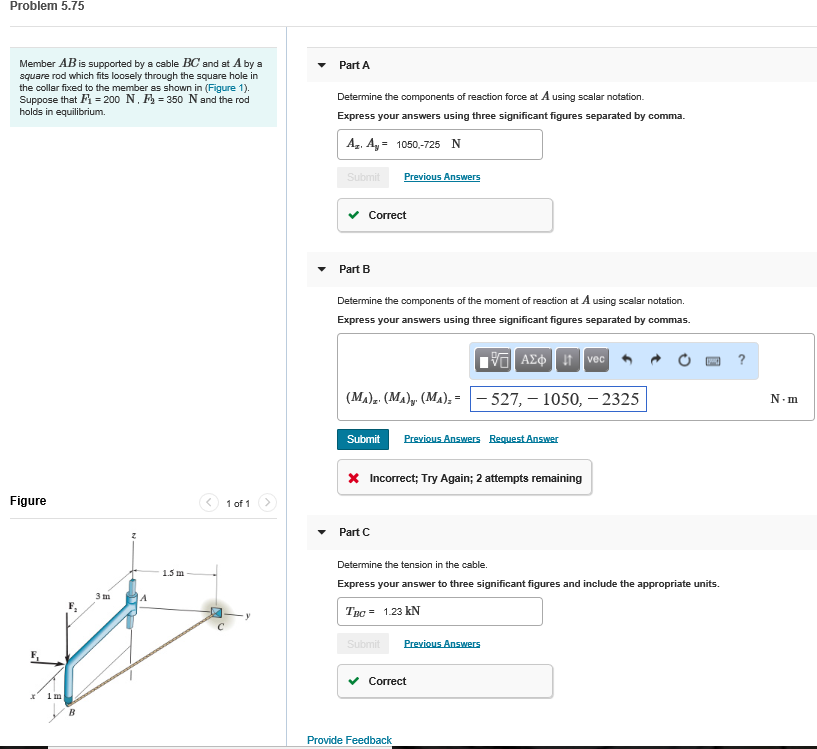 Solved Problem 5.75 Member AB is supported by a cable BC and | Chegg.com