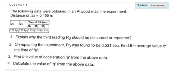 Solved The following data were obtained in an Atwood machine | Chegg.com