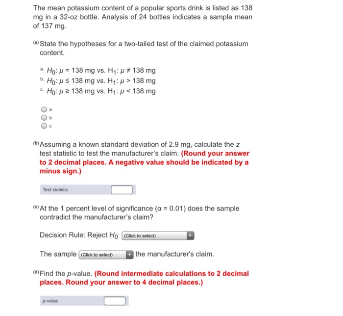 Solved The mean potassium content of a popular sports drink