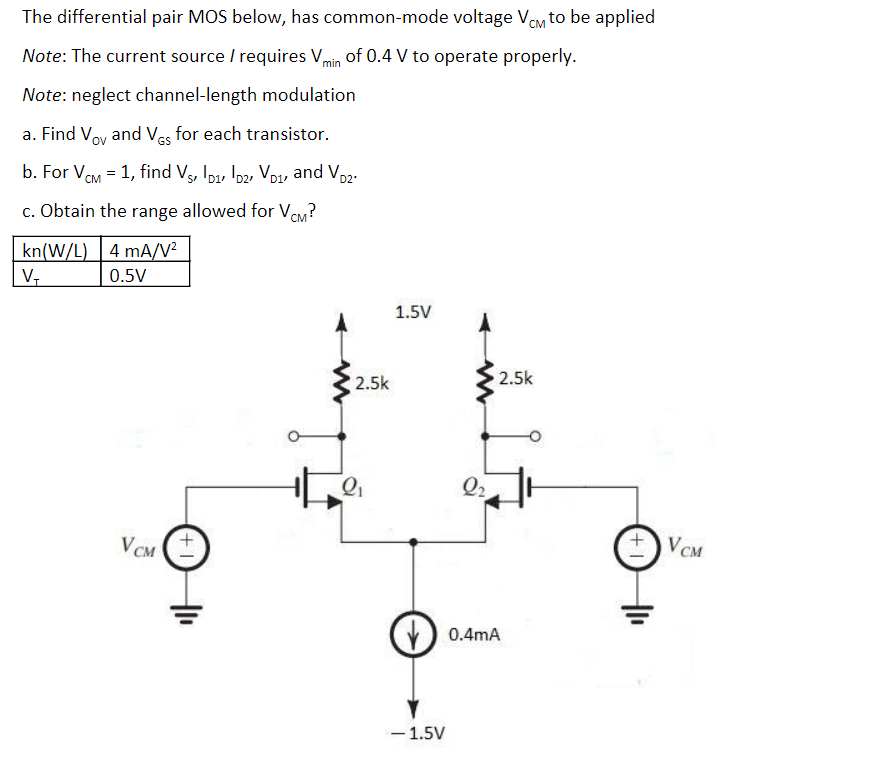 Solved The differential pair MOS below, has common-mode | Chegg.com